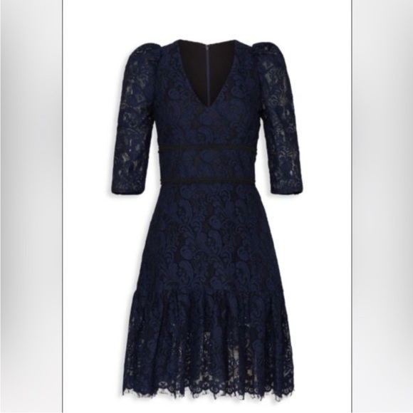 Shoshanna Miran Navy Blue Lace Puff Sleeve Dress size 4 - Picture 2 of 9